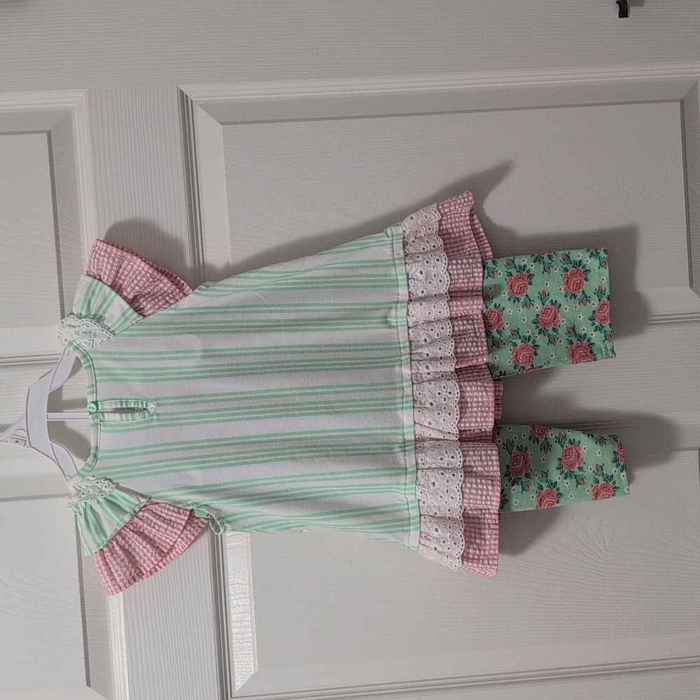 Rare Editions Pink and Green Striped/Floral Bunny Outfit - Picture 3 of 6